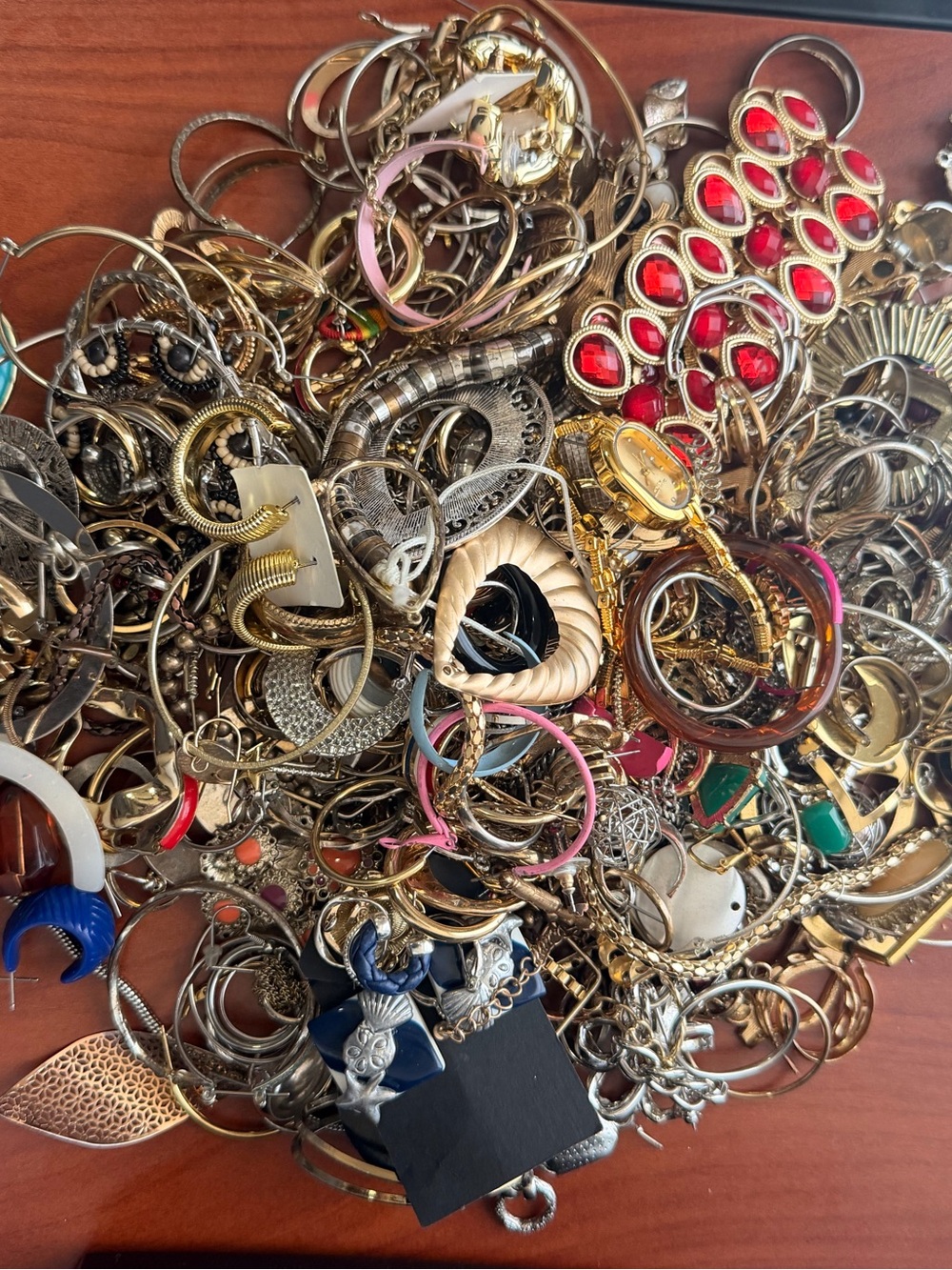 3 pounds of Mixed Gold and Red Women's Fashion Jewelry Lot some broken.